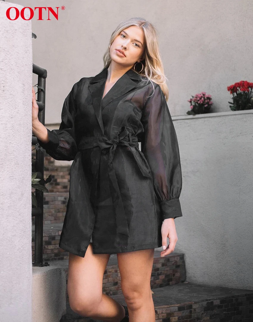 OOTN прозрачная сетчатая сексуальная Длинная блузка женская черная рубашка свободная с поясом Весна Лето Блузки Топ фонарь рукав пляжная блуза Mujer