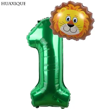 

2pcs Happy Birthday Animal Tiger Ballons and 32 inch Green Number Foil Balloons Safari Jungle Party Ballon Kids Gift Air Globos