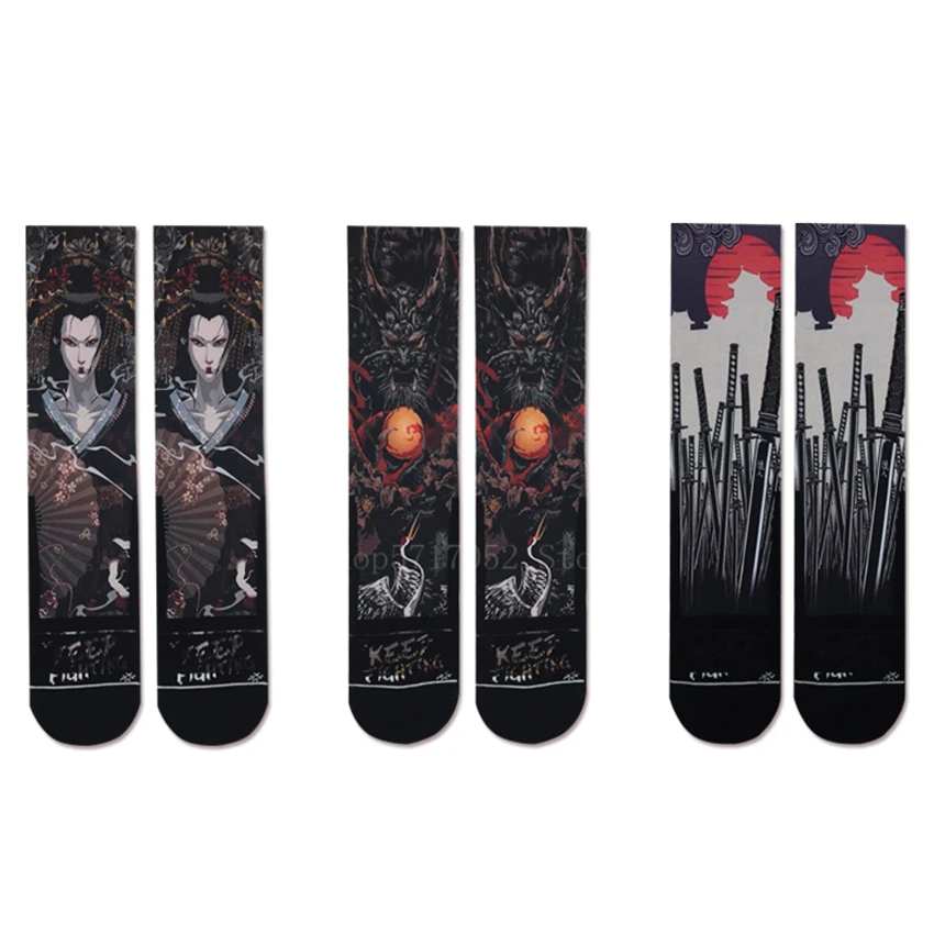 Japanese Style Socks Printed Ukiyo-e Pattern Samurai Novelty Cotton Unisex