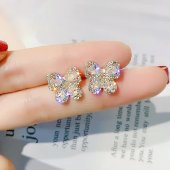 

JUWANG Fashion White Gold Color Butterfly Stud Earring Bling Exquisite Tiny Zircon Butterfly Earring Best Birthday Gift Jewelry