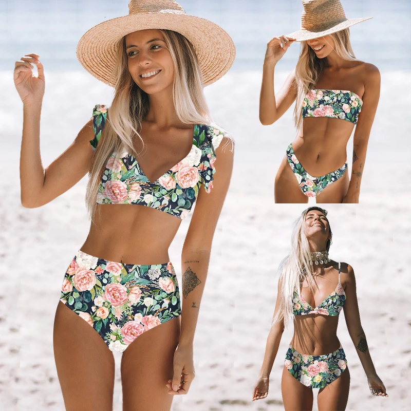 

Summer Sexy Solid Bikini Tube Top Swimwear Women Ruffle Floral Print Bikinis High Waist Beachwear Brazilian High Cut Biquinis