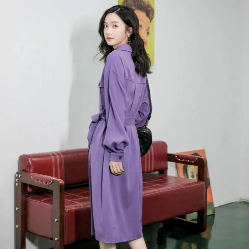 Women Clothes Spring Autumn Purple Solid Single-breasted Lace Up Elegant Casual Loose Lapel A-Line Shirt Long Dresses Vestidos