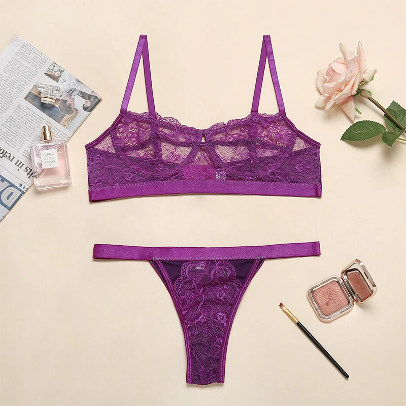 3/4 Cup Lace Bra Sets Sexy Lingerie For Women Thin Breathable Comfortable High Waist Thong Fitness Underwear Set Purple Bralette bra and underwear set