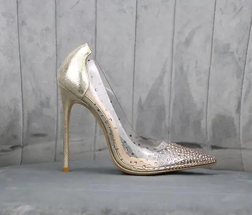 gold 8cm BONJEAN; пикантные туфли из прозрачного ПВХ в стиле пэчворк на высоком каблуке; вечерние туфли с острым носком, украшенные стразами; свадебные туфли на каблуке 12 см; модельные туфли - Цвет: gold 8cm