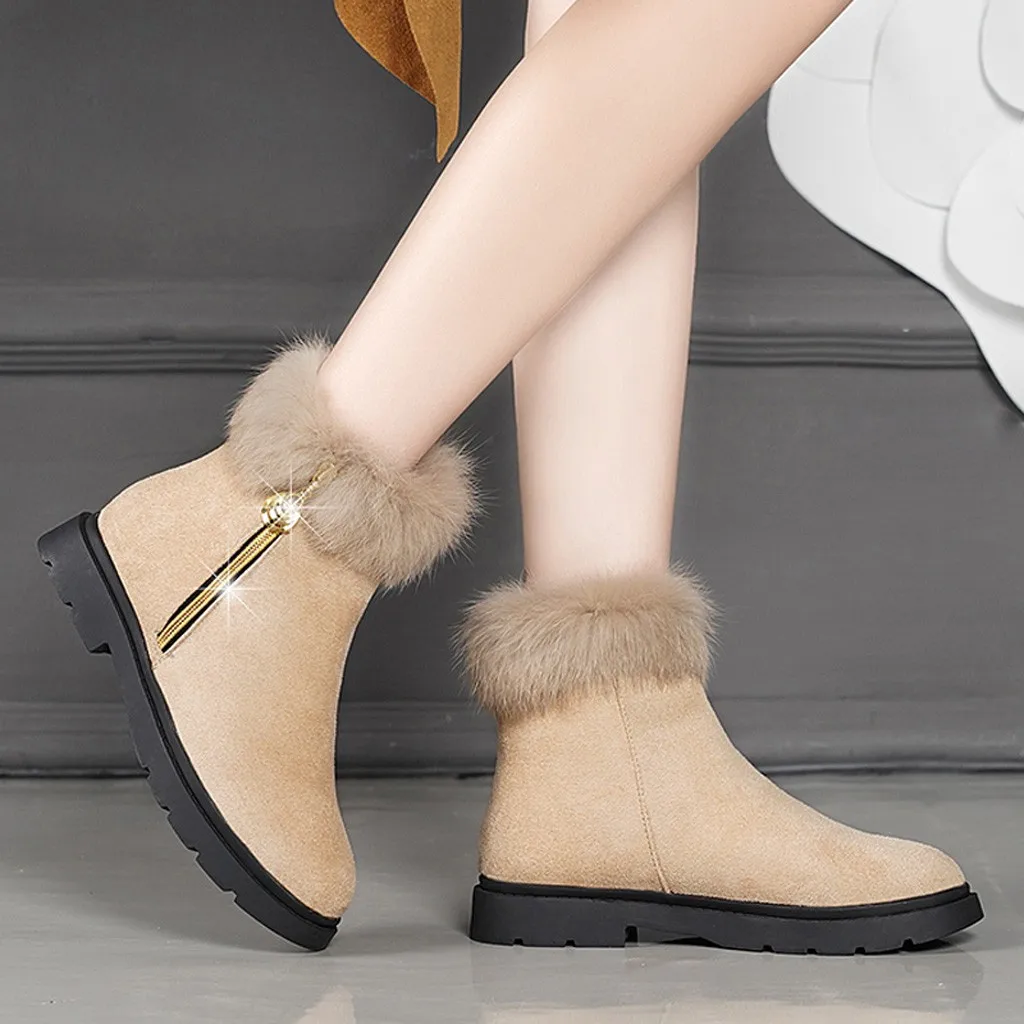 Women's solid color square high heels zipper suede warm snow boots round head suede side with snow boots#1