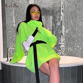 

ArtSu Turtlenecks Autumn Oversized Long Sweaters Sweaters for Female Loose Long Sleeve Knitted Pullovers Winter Neon ASSW60443