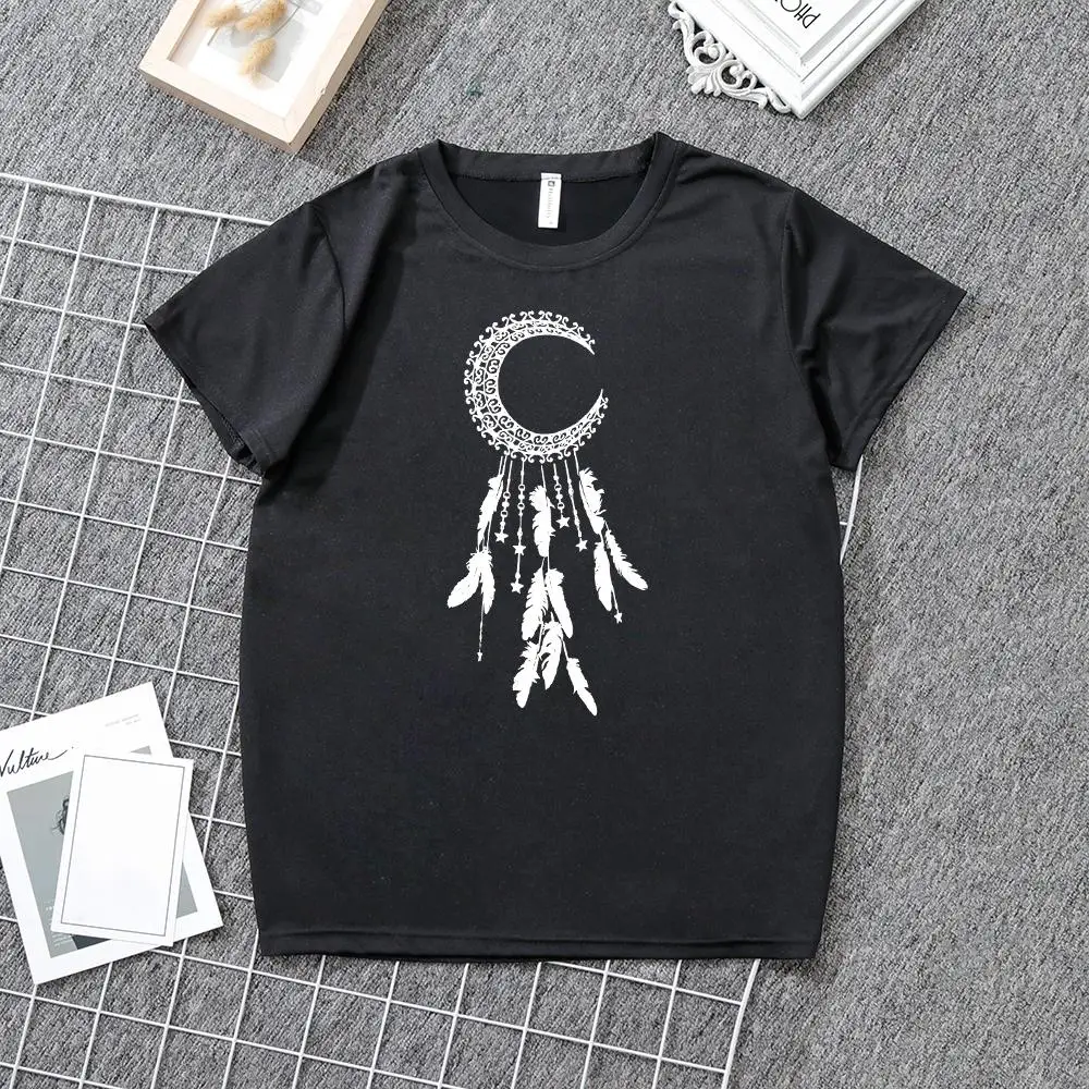 

Heflashor summer moon cartoon print T-shirt round neck Black&White T-shirt simple Short Sleeve Loose Women Tee Shirt Tops