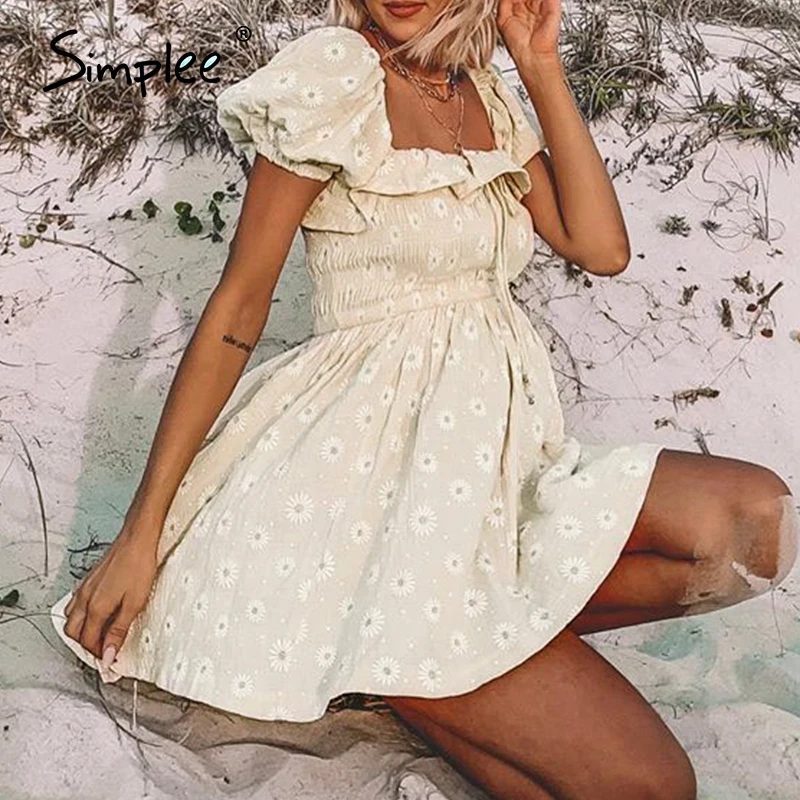 Simplee Floral print women dress Summer puff sleeve ruched ruffled dress Streetwear beach a line ladies party dress vestidos Simplee Floral print women dress Summer puff sleeve ruched ruffled dress Streetwear beach a line ladies party dress vestidos
