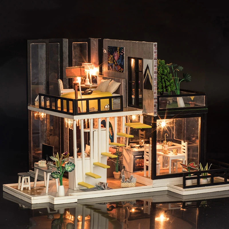 DIY Кукольный дом чердак Миниатюрный Кукольный домик Модель сборные наборы игрушка 3D Деревянный Строительный Funitures светодиодные фонари дом игрушки для детей