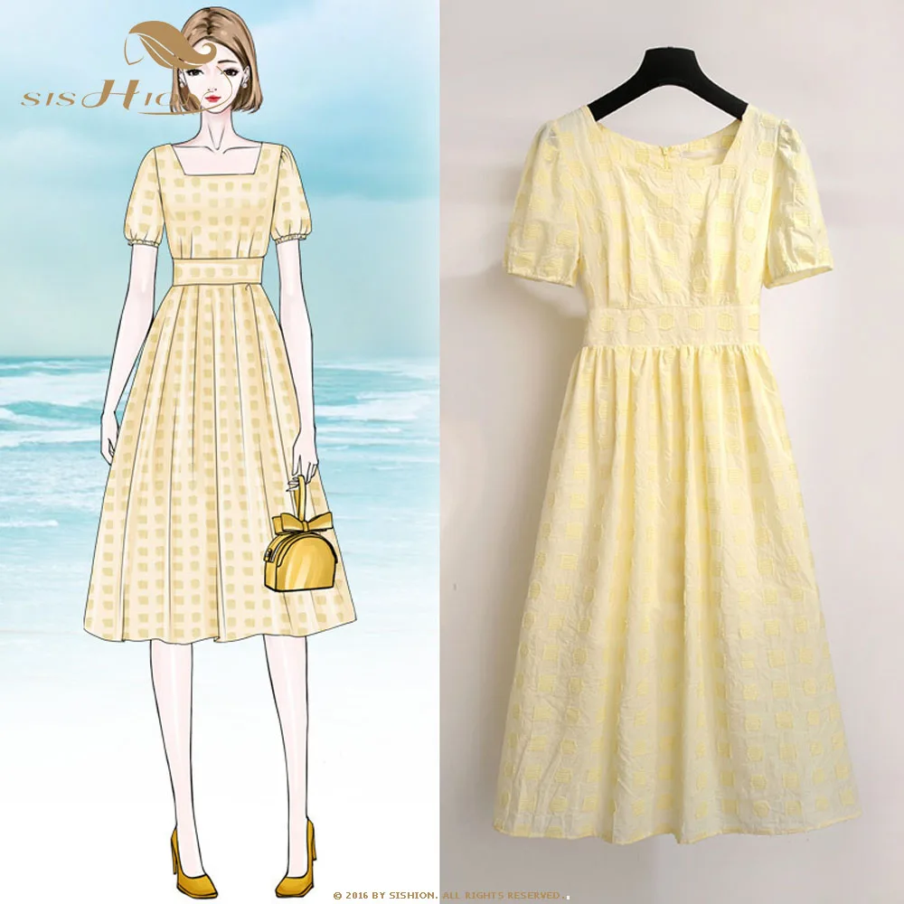 

SISHION Summer Short Sleeve Dots Print Square Collar Chiffon Dress Women QY0351 Yellow A-Line Slim Midi Dresses Femme