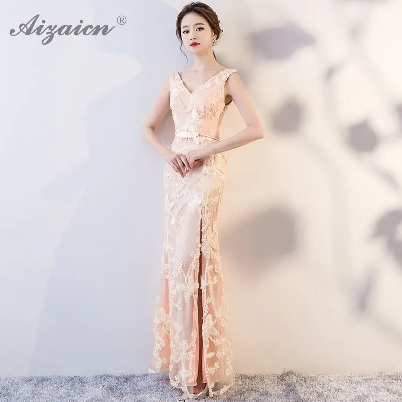 Хост V образным вырезом Cheongsam розовые длинные вечерние платья Qi Pao Для женщин традиционное китайское платье Qipao Продвижение вечерние Халат
