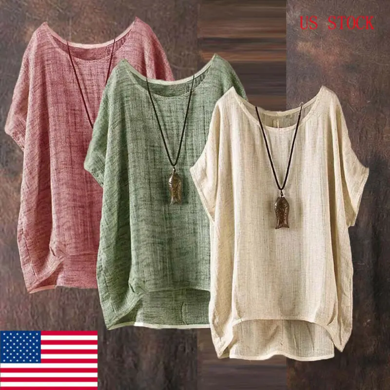 

Fashion Women Cotton&Linen Shirt Casual SunscreenTops Solid Short Sleeve Blouse