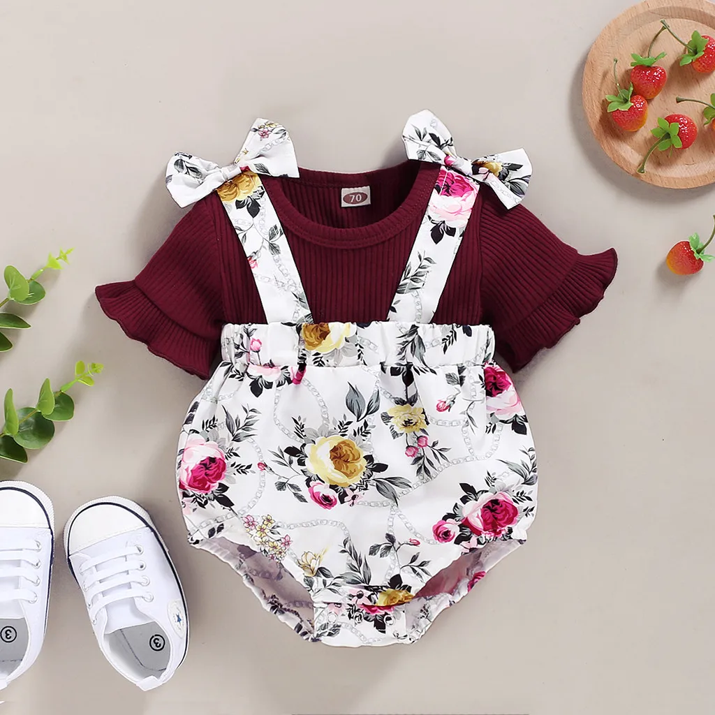 

(3M-18M) Children's flared sleeve solid color pit strip top + floral print suspenders suit summer pit pattern fashion flared S4