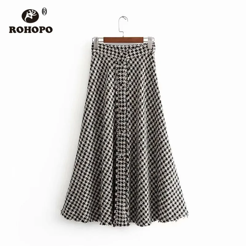 ROHOPO Houndstooth Высокая талия твидовая Расклешенная юбка миди британская Academy Slip Hem