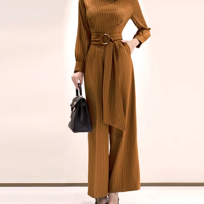 H Han Queen Solid Color Vintage Wide Leg Jumpsuits Women Autumn Winter Adjustable Waist Rompers Casual Bottoming Playsuits