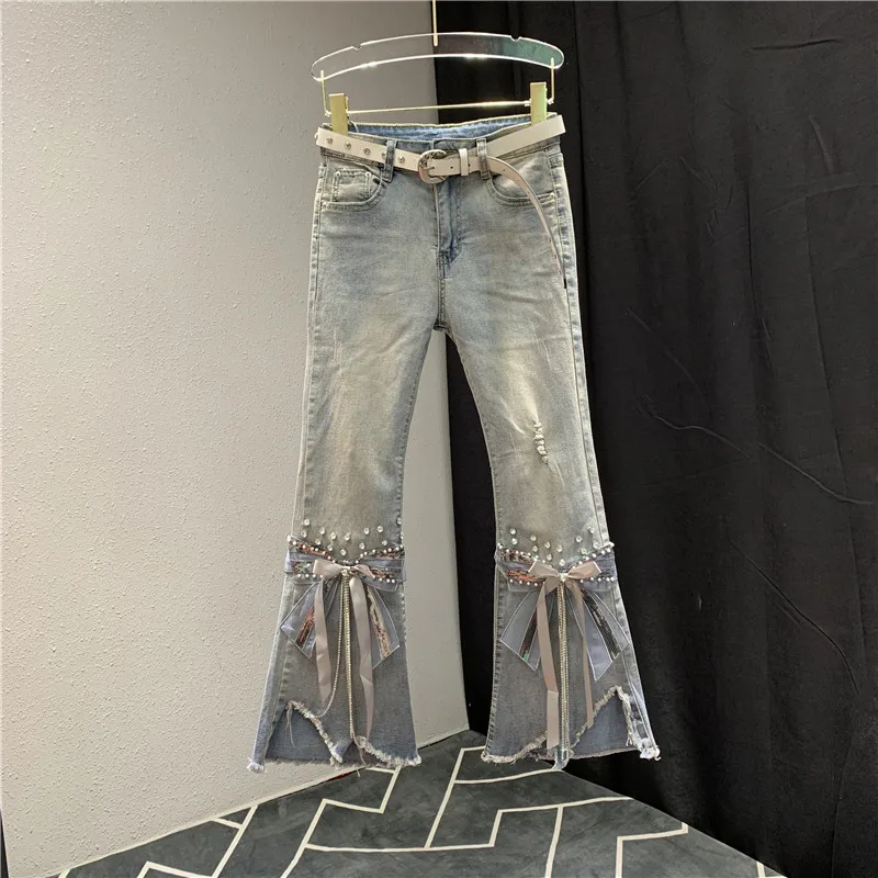 

Village High Waist Jeans Women Ripped Cropped Jeans Women's 2020 Spring New Irregular Beaded Bow Flared Denim Pants Ladies Jeans