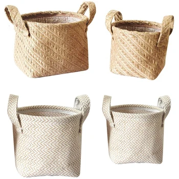 

HOT Woven Storage Basket Hemp Rope Flower Pot Dirty Clothes Laundry Hamper With Handles Office Desktop Sundries Organizer Box
