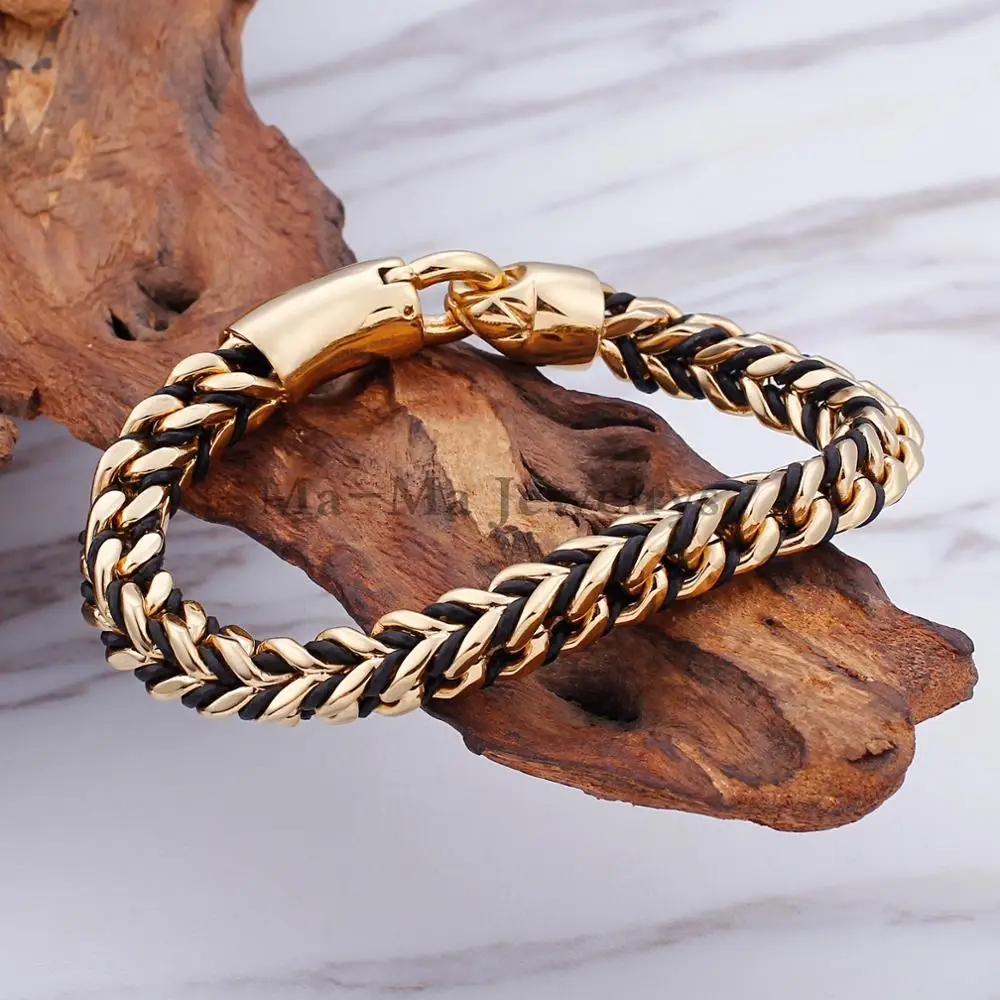 Trendy Vintage Leather Braided Cords Mens Gold Stainless Steel Franco Bracelet 9