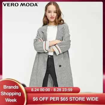 

Vero Moda Women's Vintage Style Linen Loose Fit Plaid Lapel Long Blazer | 319108531