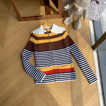 

2020 Autumn New Retro Sweater Patchwork Stripes Outerwear Wool Knit Cardigan for Women