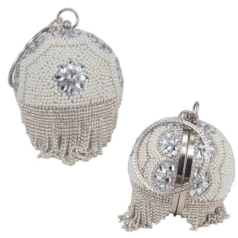 Дизайнерский клатч с жемчугом в стиле боулинга, Сумка с круговым кольцом, женские вечерние сумки, женские кошельки с кристаллами и кисточками, XQ-15 - Цвет: Silver
