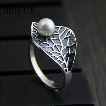 

Genuine 925 Sterling Silver Female Vintage Open Rings Leave Pearl Design Fashion Jewelry For Women Opening Adjustable Rings