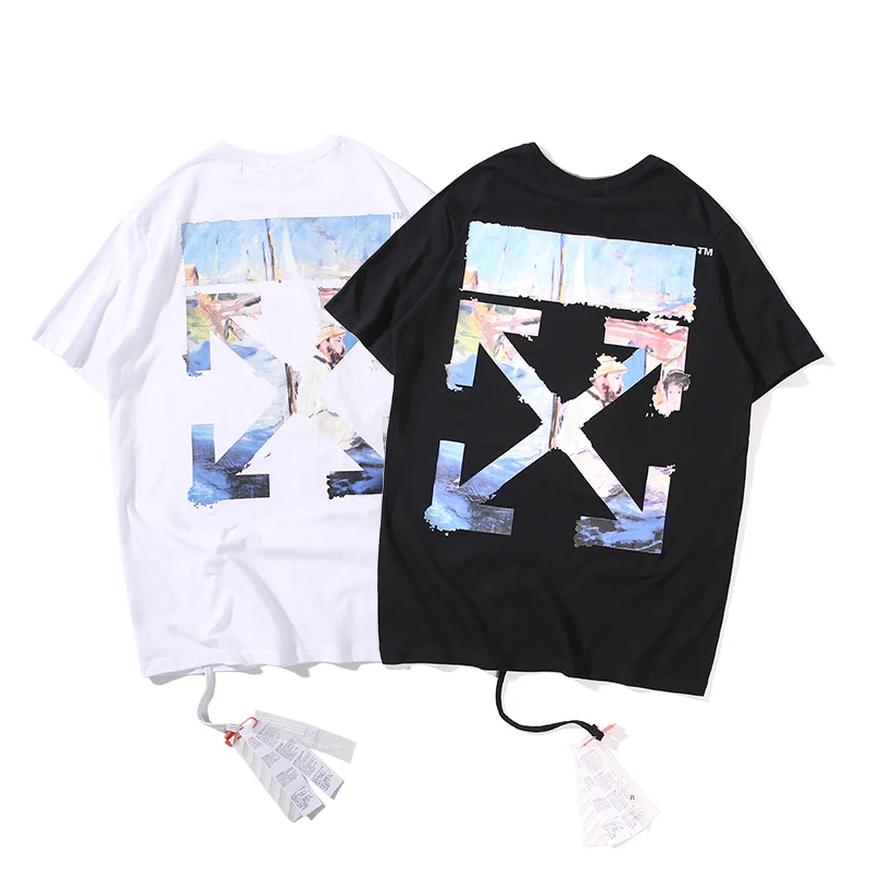 Рендеринг картина маслом стрела 19ss Выкл-Белая Мужская/Женская мода пара влюбленных моделей хлопок Повседневная футболка с круглым вырезом и коротким рукавом