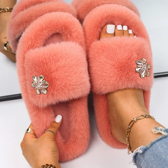 Fluffy Slippers Women Crystal Flower Decor Furry Sandals Elegant Ladies Home Flip Flops Faux Fur Slides Luxury Designer Shoes Orange1