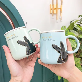 

Ceramic mug Cartoon embossed rabbit mugs with lid spoon,office cup office Drinkware couple cup gift coffee mugs