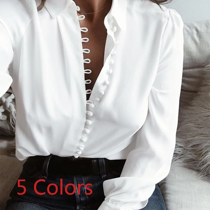 

Women's Blouses Shirt Button V-neck Chiffon Blouse Collar Solid Color Pullover Fashion Casual Tops Lady