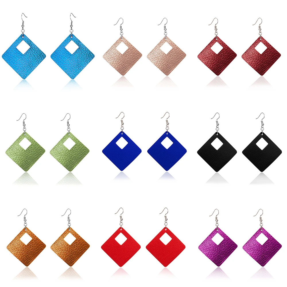 

2019 New Multi-color Big Statement Square Drop Earrings Brincos Geometric Rhombus Genuine PU Leather Earrings for Women Girls