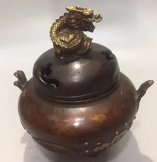 

Chinese Pure Copper Sculpture Dragon Phoenix Animal Statue Incense Burner Censer Wealth Fengshui Decoration Gift