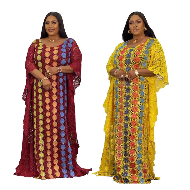 

Lace Abaya African Dresses For Women Bazin Rich Dashiki Strip Flowers Muslim Long Maxi Dress Africa Clothing Traditional Robe