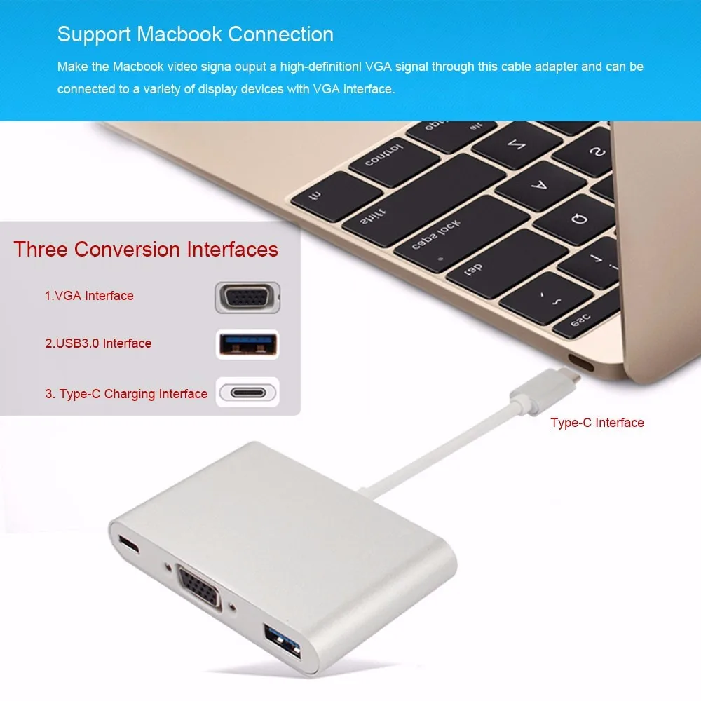 Изысканный USB 3,1 type-C 3 в 1 комбинированный USB-C с разъемом VGA/type-C/USB3.0 для смарт-устройств MacBook
