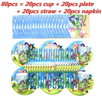 

80pcs 20 person Sonic the Hedgehog Disposable Tableware Kids Birthday Party Decors Set Straws Napkins Cups Plates Party Supplies