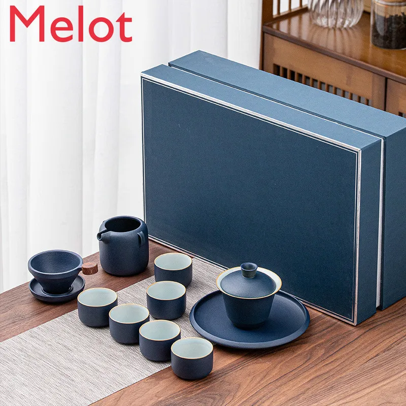 

Porcelain Kung Fu Tea Set Sets of Office Guests High-End Gift Box-Packed Household Tea Brewing Gaiwan Teapot Tea Cup Living Room