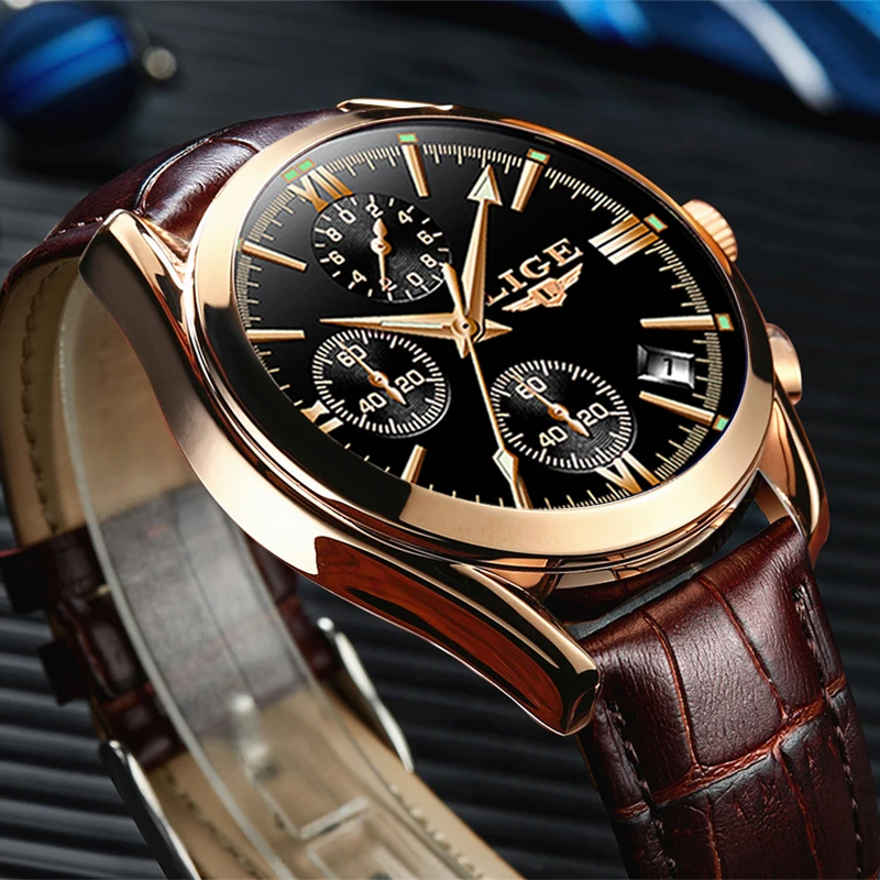 LIGE Fashion Men Watches Top Brand Luxury Military Quartz Watch Leather Waterproof Sport Chronograph Watch Men Relogio Masculino afbeelding