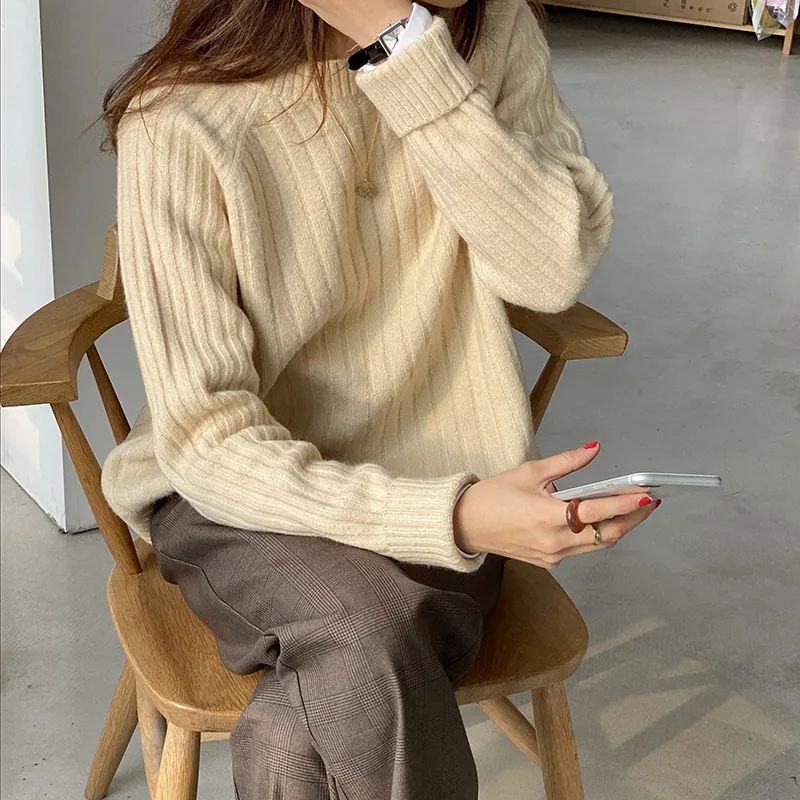 

2020 Spring Korean style simple solid color vertical stripe round neck sweater loose slimming sweater women's top ST71