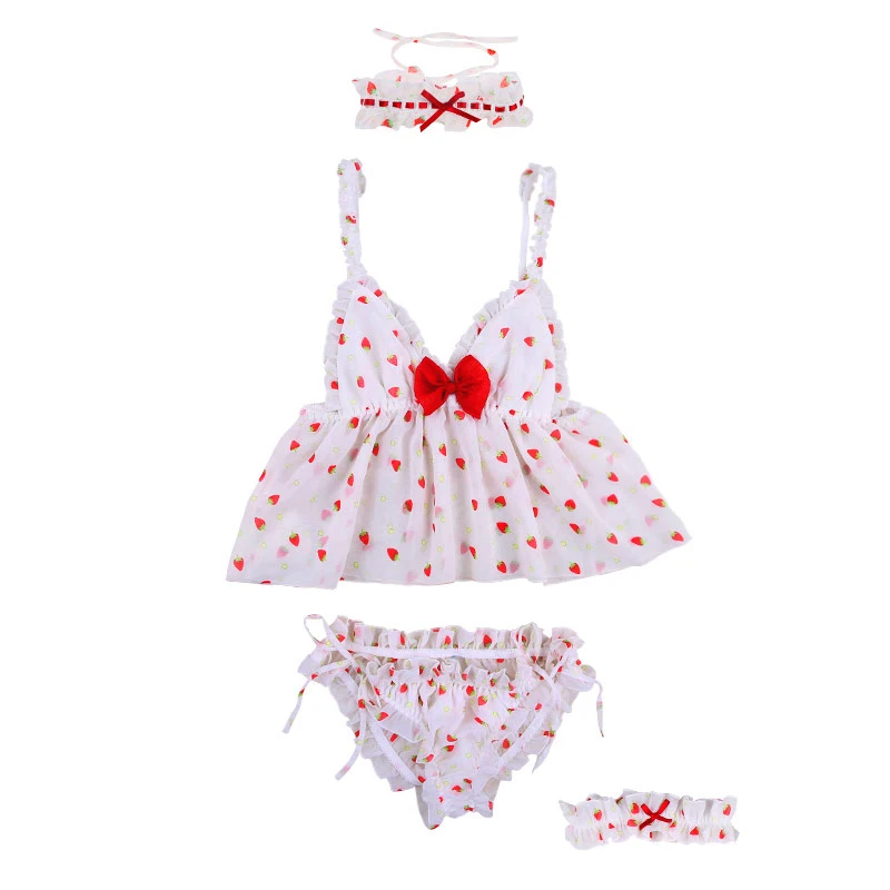 White new cute girl sexy lingerie Japanese strawberry pajamas suit night suit women sleepwear - Color: 2