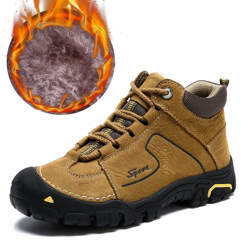 

GOMNEAR Winter Shoes Men Cowhide Warm Boots Men Leather Ankle Snow Boots Lace-Up Plush Footwear Comfortable Big Size Casual shoe