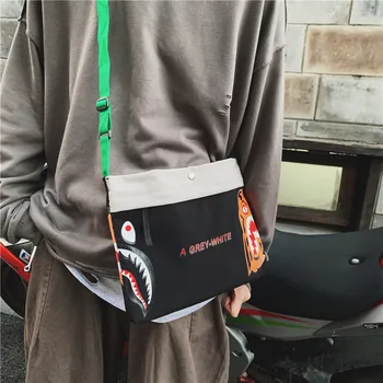 

Original design Two side shark personality print men's bag shark shoulder cross body canvas bag men's and women's couple bag