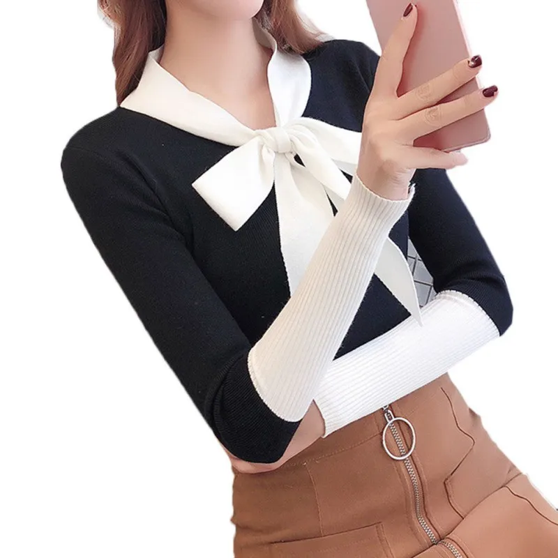 Черный Sweet Sweater Women Autumn New Bow Decoration Casual Sweater V Neck Long Sleeve Stitching Design Knitted Pullover Sweater - Цвет: Черный