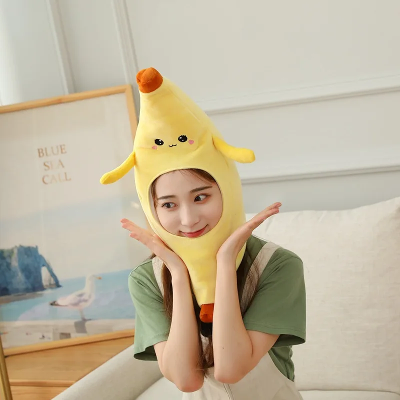

Hot Selling Wholesale Cute Hands Expression Banana Head Band Hat Plush Toy Doll