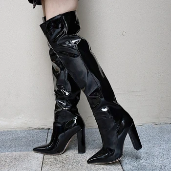 

RIBETRINI Sexy Lady Party Dress Club Shoes Pointed Toe High Heels Mid Calf Women Boots 2020 Solid Fashion Boots