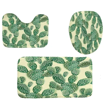 

4Pcs Home Bathroom Decor Set Yellow Background Cactus Pattern Toilet Seat Cover Bath Mat Set+ Waterproof Shower Curtain