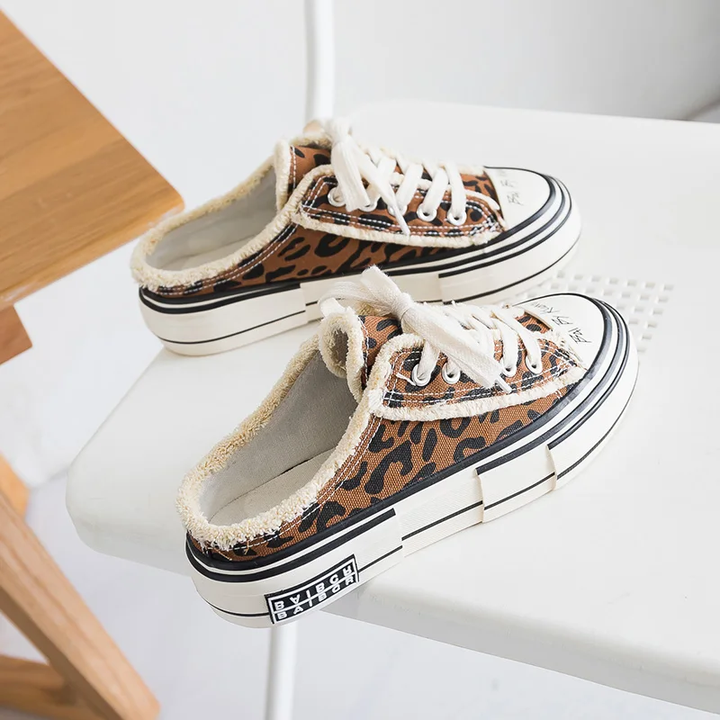 Woman Fashion Shoes Canvas Vulcanized Gumshoes Zebra Cow Print No Back Sneakers Chic Stylish Casual Shoes Leopard Good Quality