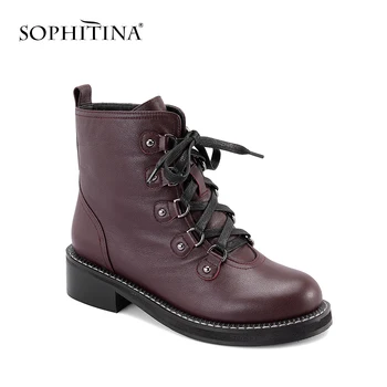 

SOPHITINA Brand Women Boots Spring Autumn Fashion Lace-up Square Heel Warm Motorcycle Boots High Genuine Leather Ankle Boots M8