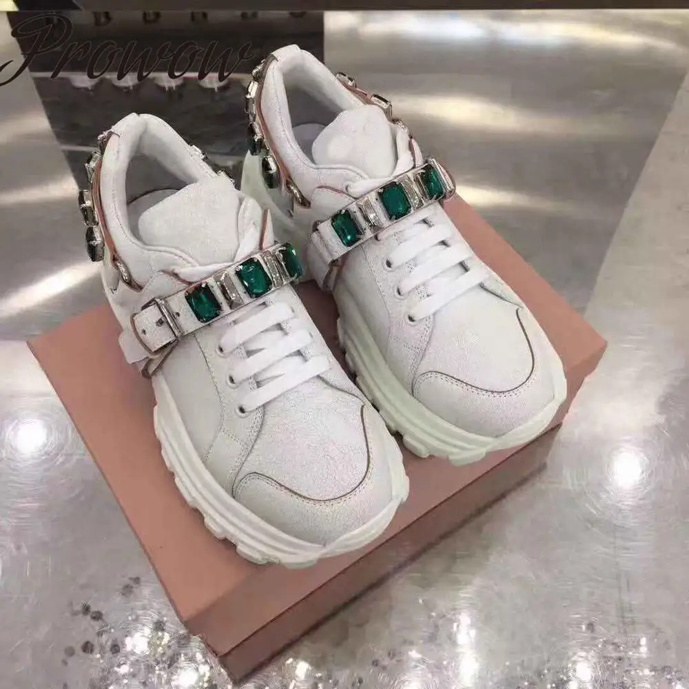 

Prowow New White Genuine Leather Crystal Belt Women Casual Boots Round Toe Jewel Buckle Strap Thick Heel Autumn Winter Boots