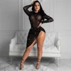Sexy See Through Sheer Mesh Party Dress for Women Club Wear Long Sleeve Bodycon Dress High Slit Draped Black Midi Dress Elegant ► Photo 2/6