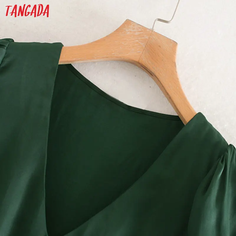 Tangada, Женская Ретро зеленая блузка с поясом, длинный рукав, v-образный вырез, плиссированная рубашка, женские повседневные ретро топы с боковой молнией XN03